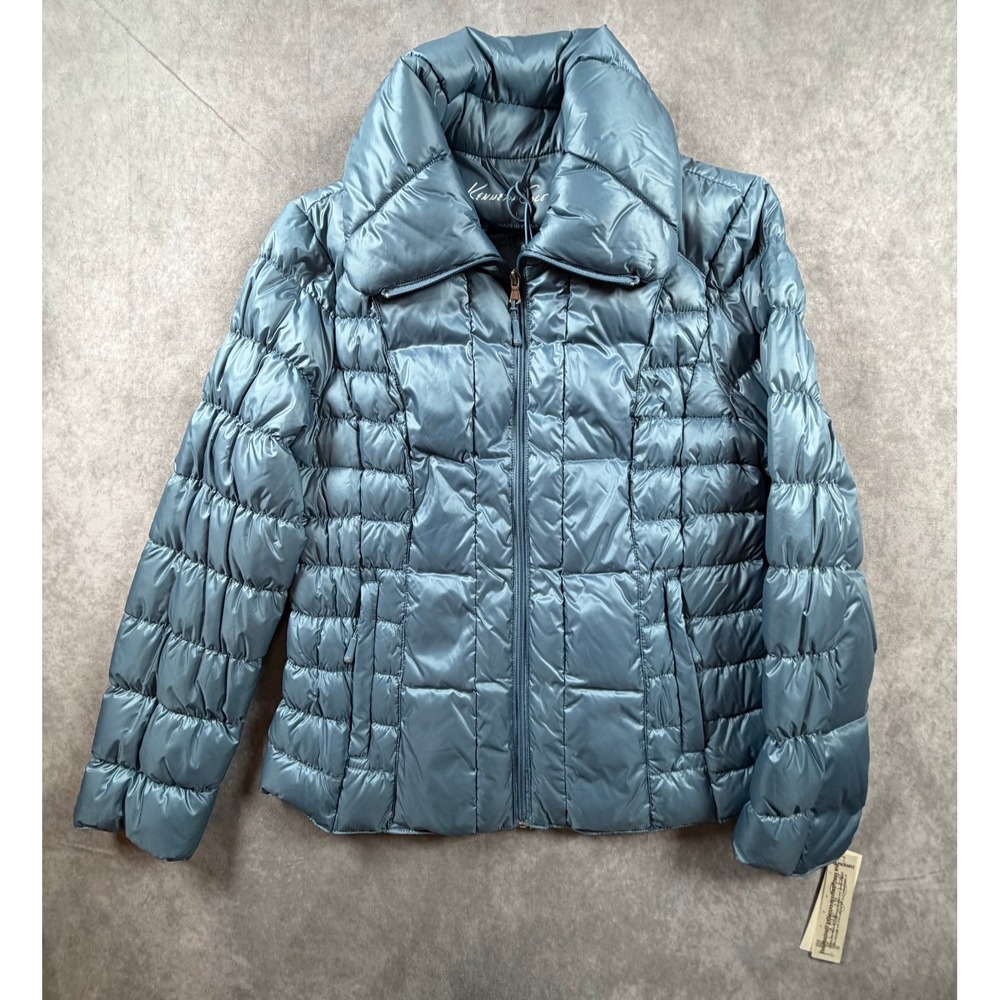 Kenneth Cole Womens Large Puffer Jacket Down Metallic Blue Packable Zip NWT